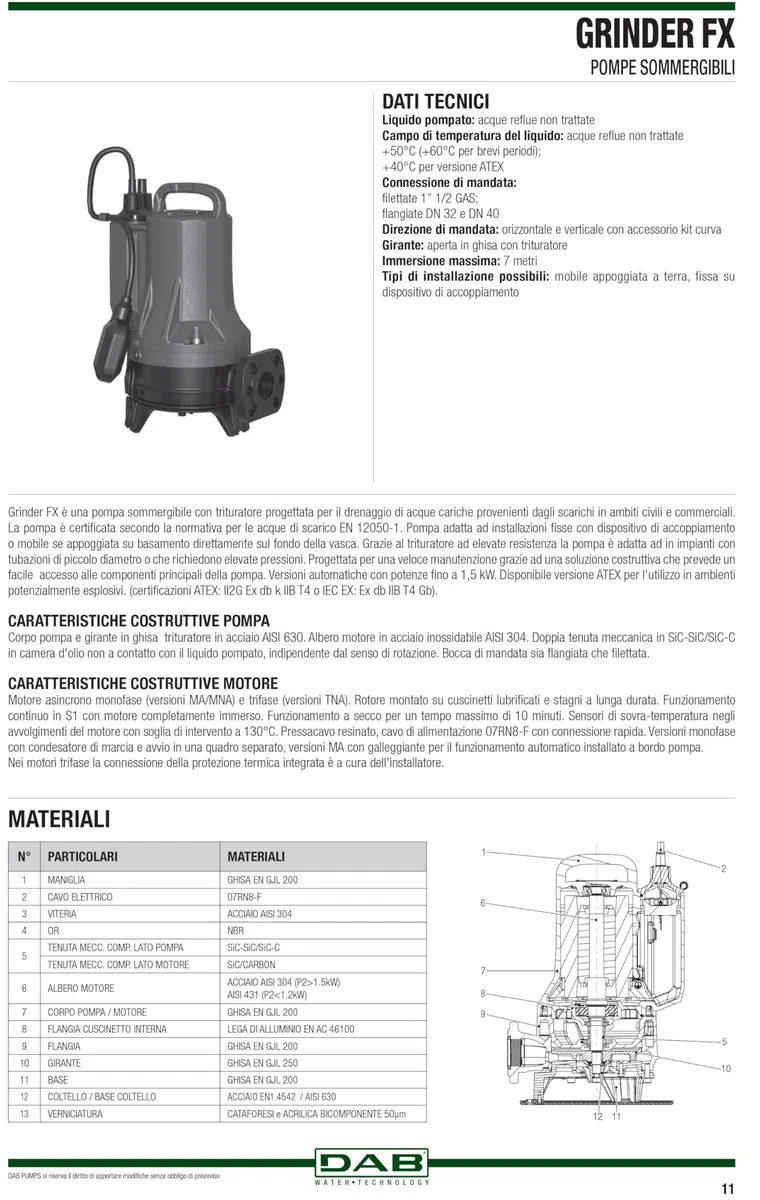 DAB GRINDER FX 15.15 S TNA HP 2,1 Pompa sommergibile trifase con trituratore per acque di scarico reflue in ambiti civili e commerciali