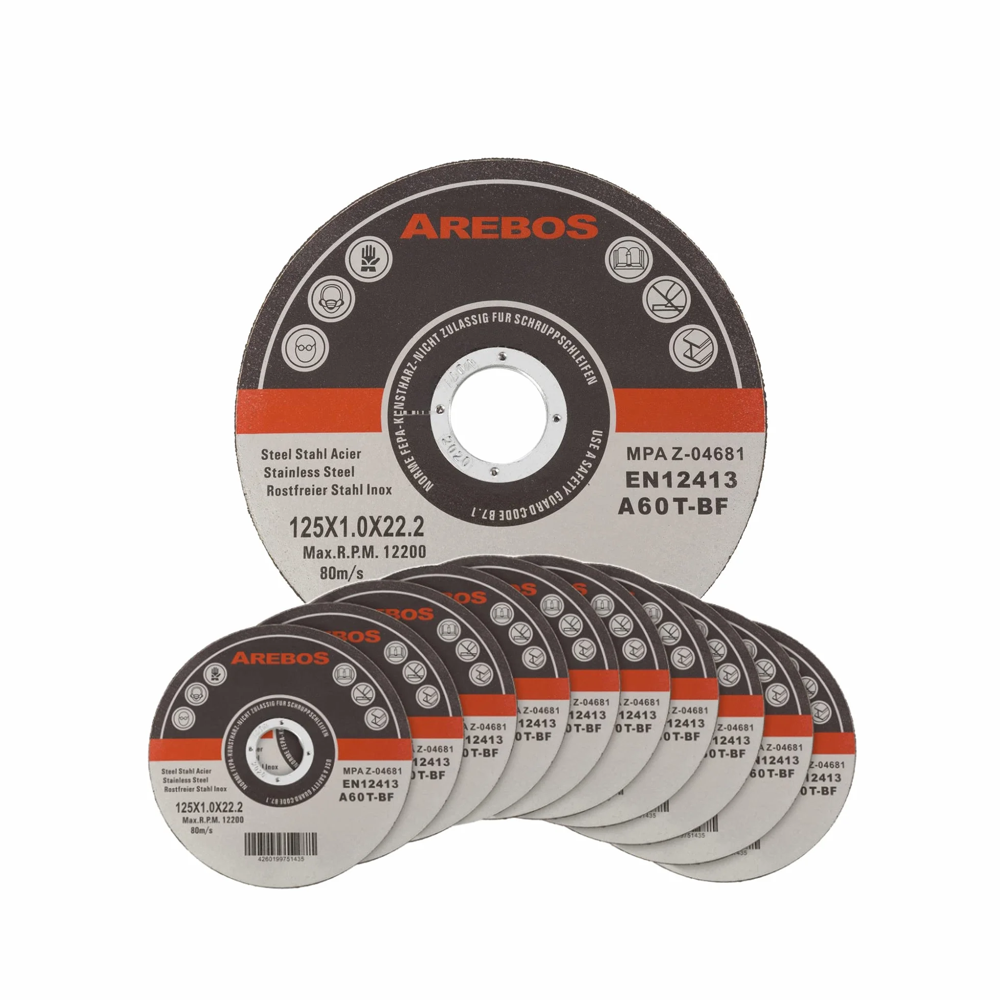 Arebos Dischi da taglio Ø 125 mm, 400 pezzi | adatti per acciaio, acciaio inossidabile, ferro, lamiera, metallo | EN 12413 | certificati dall'ente di controllo dei materiali (MPA)