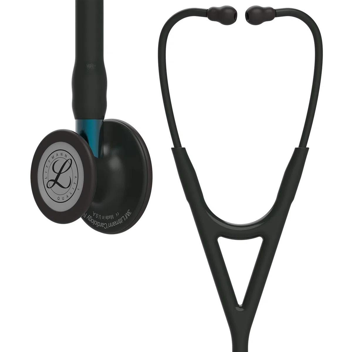 3M Littmann Stetoscopio diagnostico Cardiology IV, testina con finitura nera, tubo auricolare nero, connettore blu e archetto nero, 69 cm, 6201