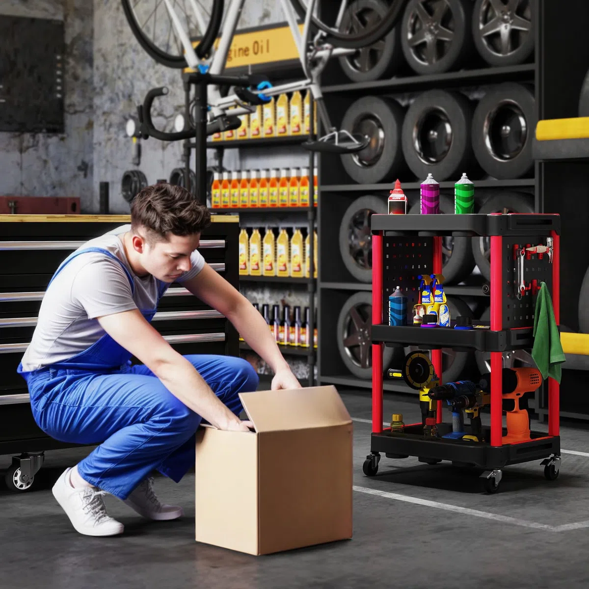 HOMCOM Carrello Porta Attrezzi a 3 Livelli, Carrellino da Officina in Plastica con Pannello Forato Laterale Portautensili, Capacità 91 kg, Nero e Rosso