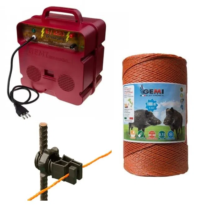 Gemi Elettronica Recinto Elettrico Kit con 1 x Elettrificatore 220V + 1 Filo 1000 mt 6 Mm² + 200 pz isolatori per paletti in Ferro - Recinzione Elettrica Recinti Elettrici per Cinghiali Cervi