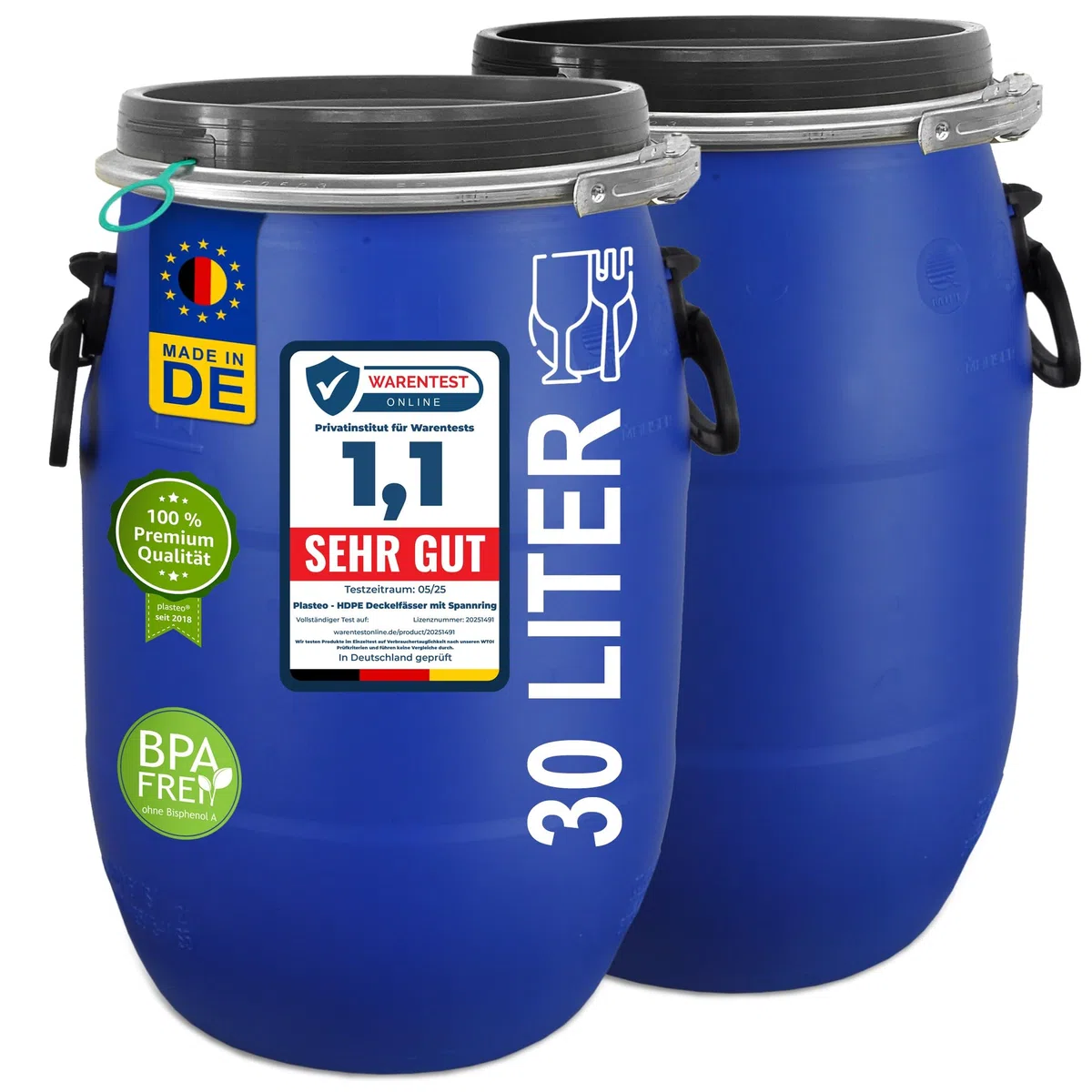 plasteo 2 barili di fermentazione da 30 litri, in plastica, ermetici, impilabili, per alimenti, approvazione FDA, approvazione ONU, marchio di qualità IKG