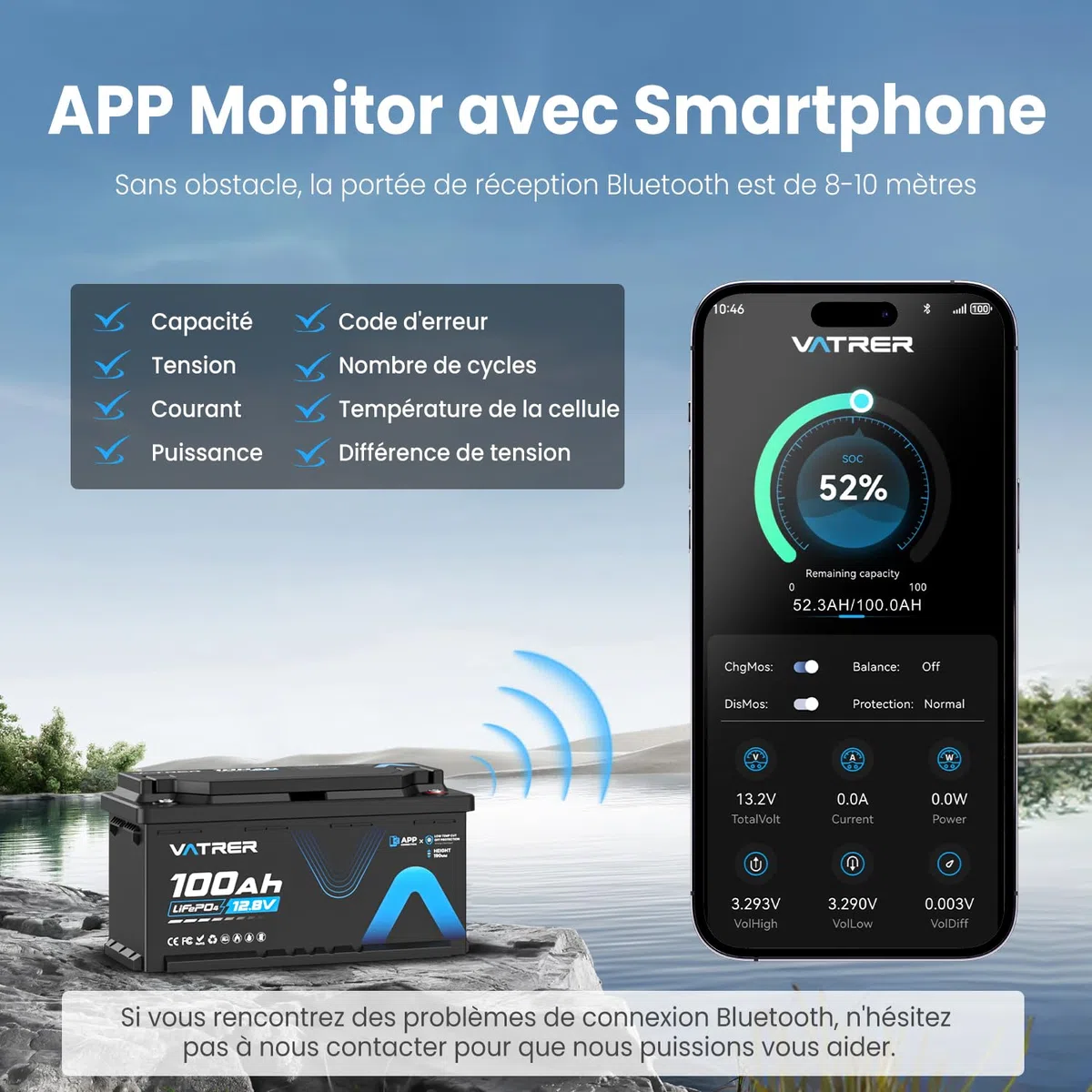VATRER POWER 12V 100Ah H190 Bluetooth LiFePO4 Batteria con Altezza 188mm, 1280Wh, 5000+ cicli, Batteria al Litio con BMS 100A, Protezione dalle Basse Temperature, Ideale per Camper