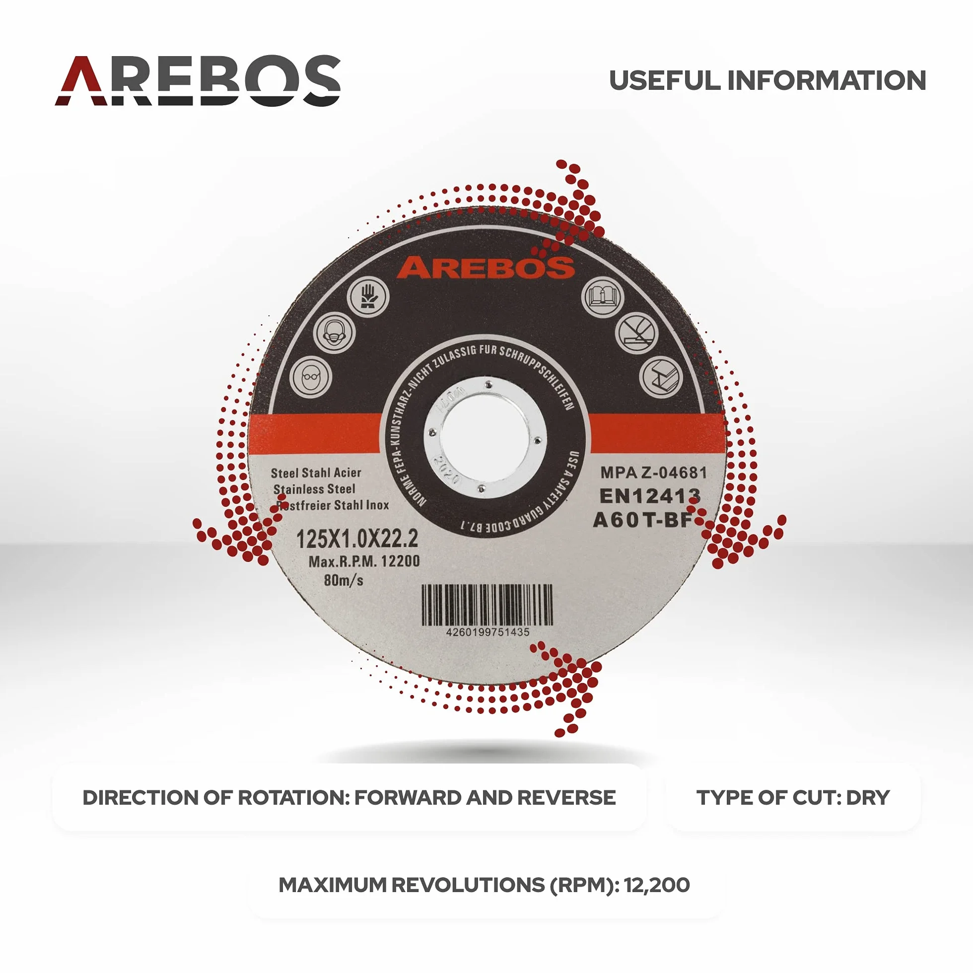 Arebos Dischi da taglio Ø 125 mm, 400 pezzi | adatti per acciaio, acciaio inossidabile, ferro, lamiera, metallo | EN 12413 | certificati dall'ente di controllo dei materiali (MPA)