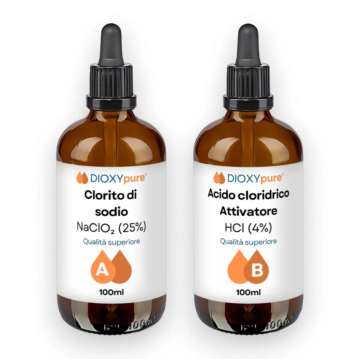 Biossido di Cloro - Kit di Produzione - 2 Flaconi Contagocce in Vetro da 100 ML - Clorito di Sodio (NaClO2) 25% e Acido Cloridrico (HCI) 4% - Disinfettante - Qualità Pura