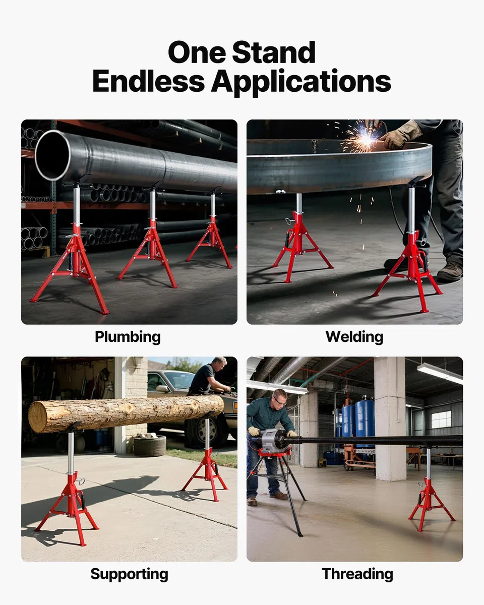 VEVOR Cavalletto per Tubi con Testa a V 0,32-30,48 cm Supporto per tubi Altezza Regolabile 61-107 cm Massima Capacità 1134 kg, Cavalletto per tubi Materiale in Acciaio al Carbonio Piedi Pieghevoli
