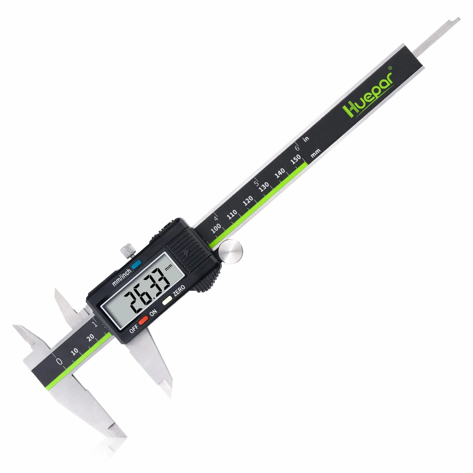 Calibro Digitale, Huepar Precisione Micrometro in Acciaio Inox 150mm Conversione Metrica/Inch/Frazioni Strumento Misurazione LCD per Lunghezza Larghezza Diametro Interno ed Esterno, Impermeabile IP54