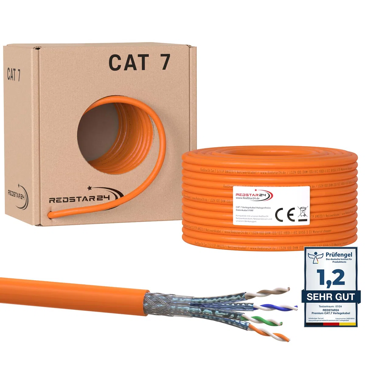 RedStar24 CAT 7 Cavo di rete 50m - Cavo Ethernet CAT7 Schermato - Cavo dati LAN Gigabit S/FTP, PIMF, PoE, 10Gbit/s, Senza alogenuri, Cavo di installazione in rame - 50 metri