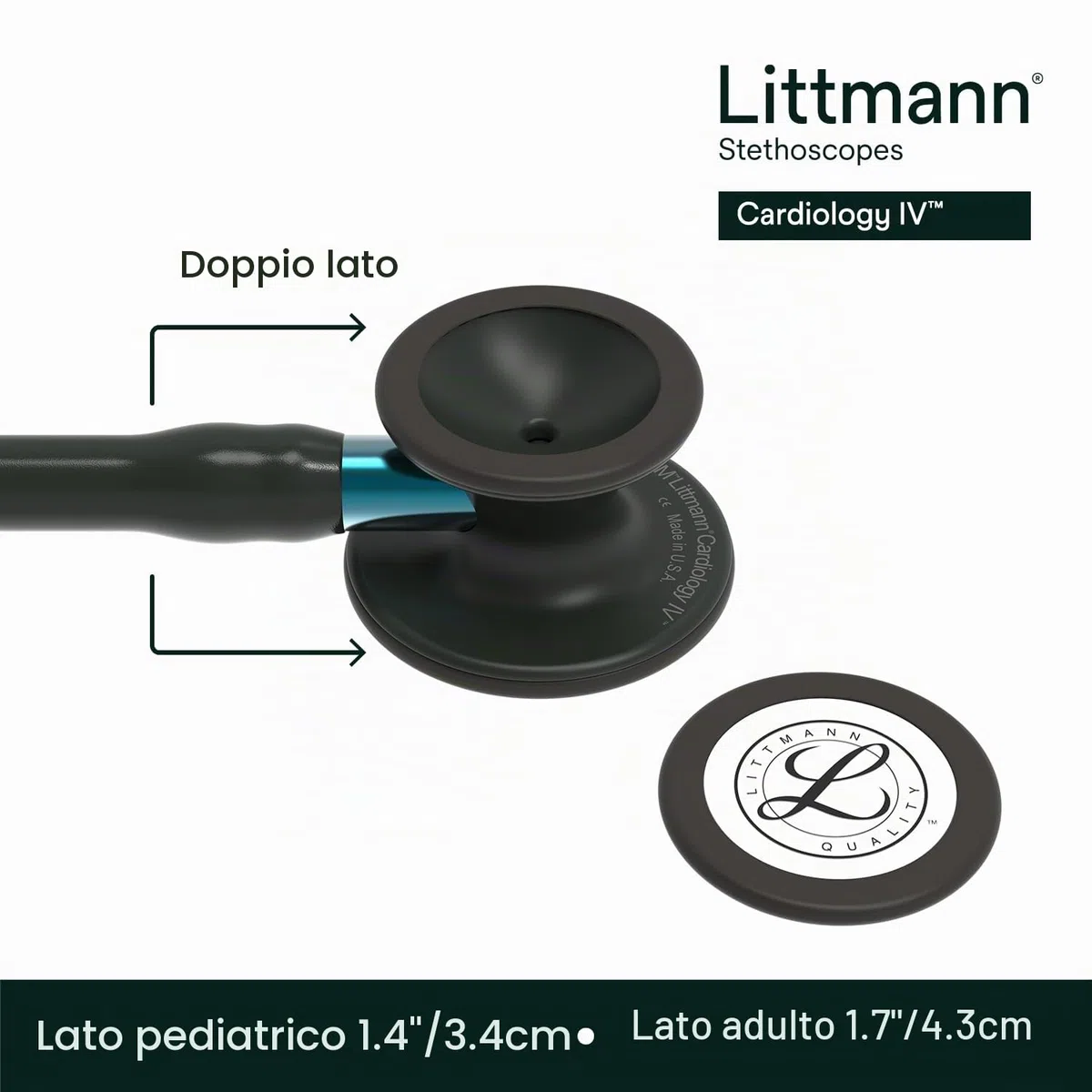 3M Littmann Stetoscopio diagnostico Cardiology IV, testina con finitura nera, tubo auricolare nero, connettore blu e archetto nero, 69 cm, 6201