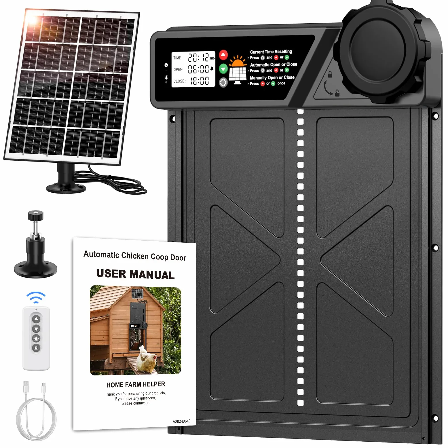 Aluminum Grande Porta Automatica Pollaio Solare, MASTERFUN Porta Pollaio Automatica con Display, Timer, Telecomando, Porta per Pollaio Automatica, Antipizzicamento, Impermeabile