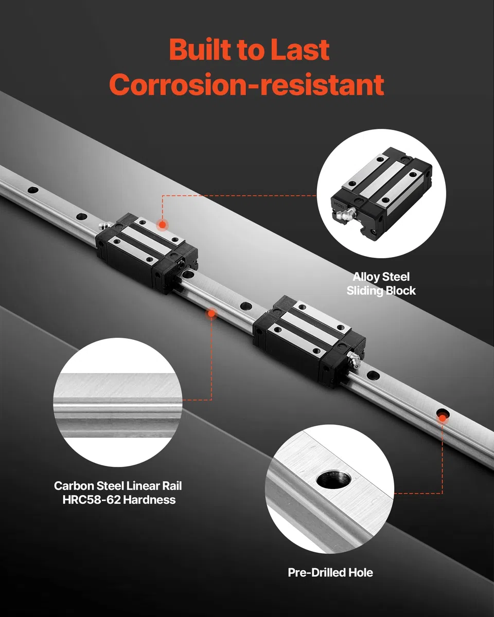 VEVOR Kit Guida Lineare HGR20 2 pezzi da 2000 mm, Guide Lineari 4 Blocchi di Scorrimento con Cuscinetti, Kit Antiruggine per Fai da te, Router CNC, Torni, Fresatrici, Stampanti 3D
