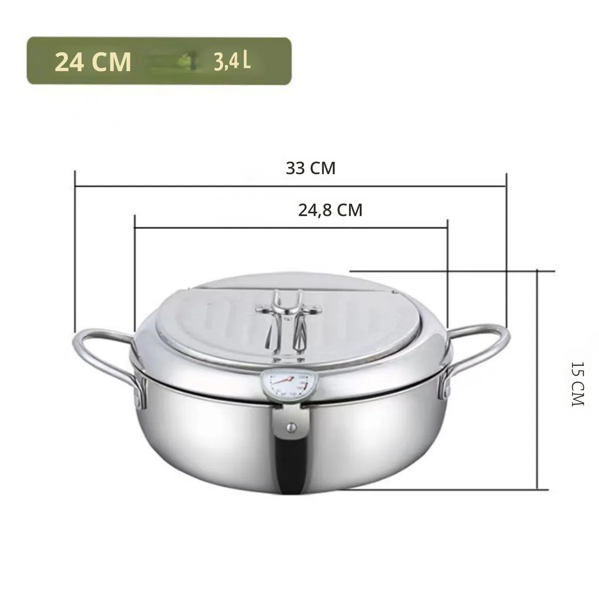 Pentola per frittura, pentola giapponese in acciaio inox con scarico dell'olio, controllo della temperatura e coperchio, friggitrice tempura per fornelli a gas/induzione, per patatine e pollo (24CM)
