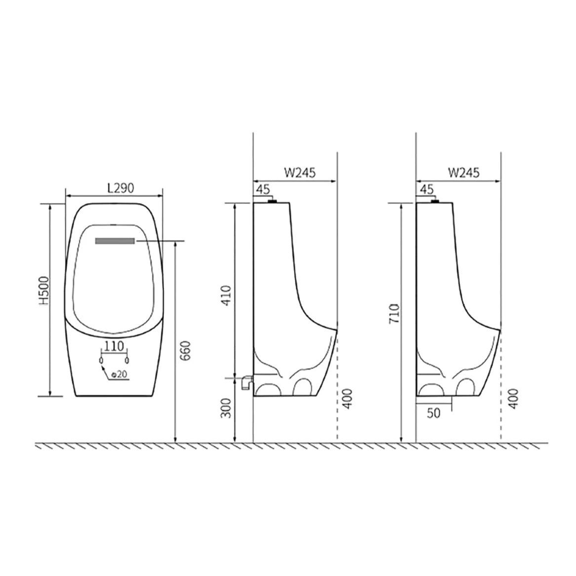 Belvit Orinatoio in ceramica, montaggio a parete, ingresso superiore, moderno Pissoir, compatibile con lavavetri a pressione a incasso e a parete, per sanitari di facile manutenzione, 29 x 50 x 24,5