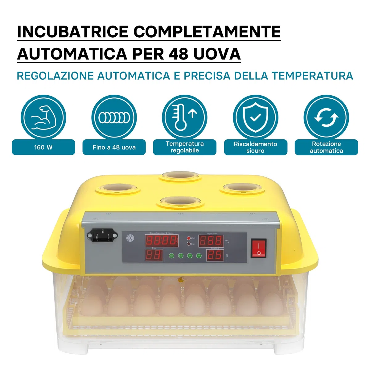 Wiltec Incubatrice automatica per 48 uova, con regolazione temperatura e umidità, Covatrice