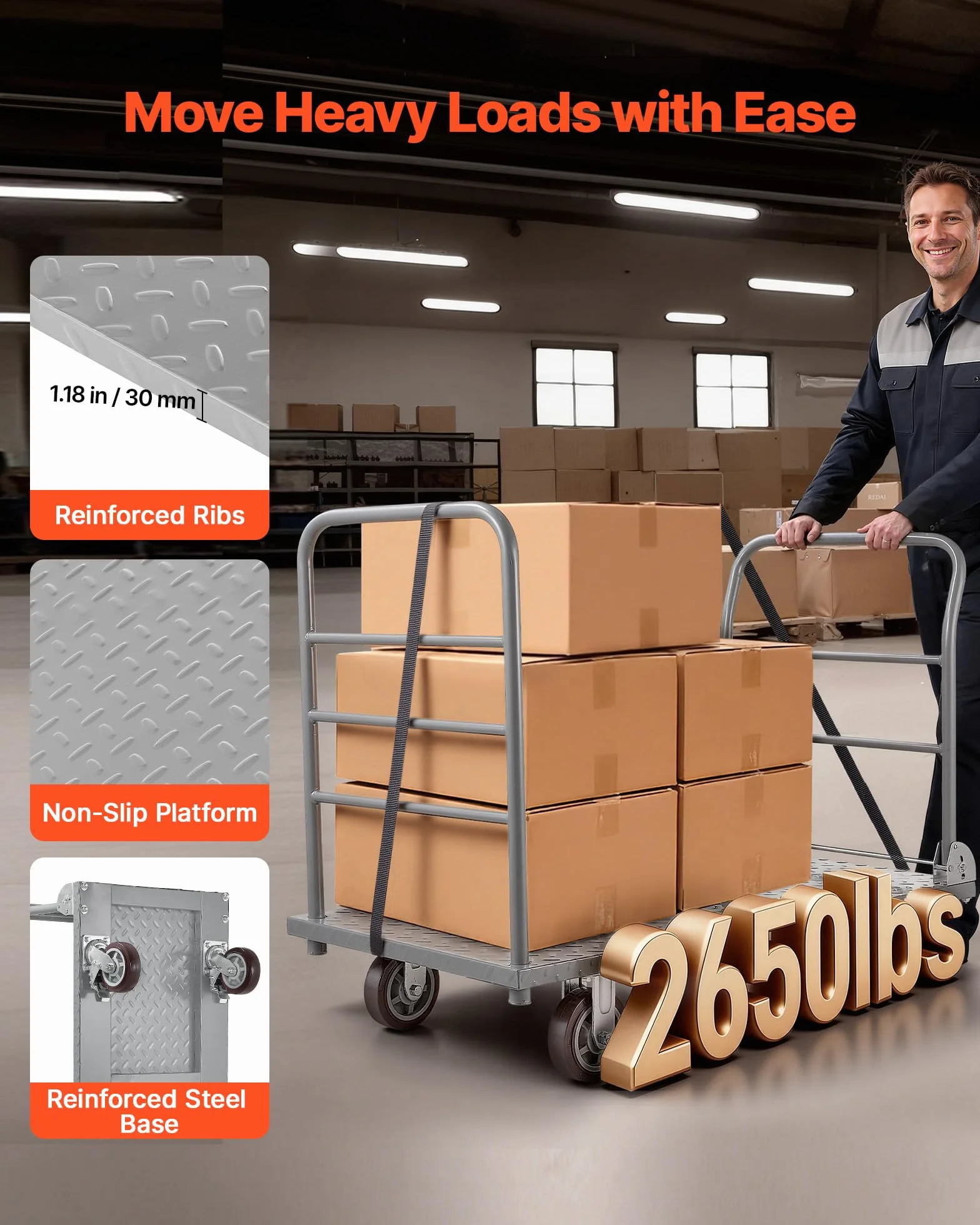 VEVOR Carrello da Trasporto a Piattaforma Capacità Carico max. 1202,02 kg, Carrello con Pianale Maniglia Doppia Pianale per Trasporto di Pacchi Merci Traslochi 1220 x 610 x 920 mm Ruote Girevoli