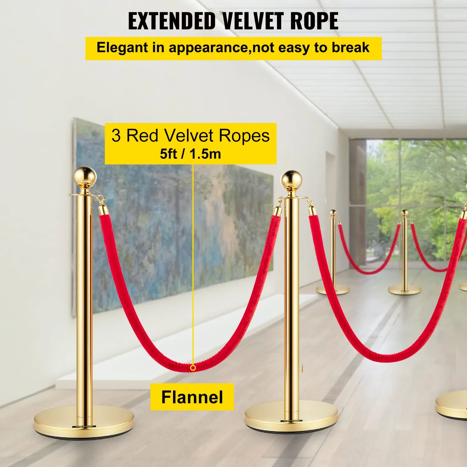 Mophorn Palo separatore per nastro estensibile 4 set barriere di sicurezza a 3 corde lunghezza della corda 1,5 m oro