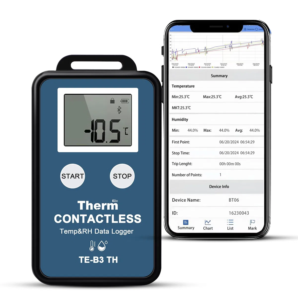 ThermElc TE-B3 TH Datalogger temperatura e umidità Bluetooth, elevata precisione ±0,3 °C, conforme alla norma EN12830, 32000 punti,igrometro wireless per il monitoraggio di congelatori da laboratorio