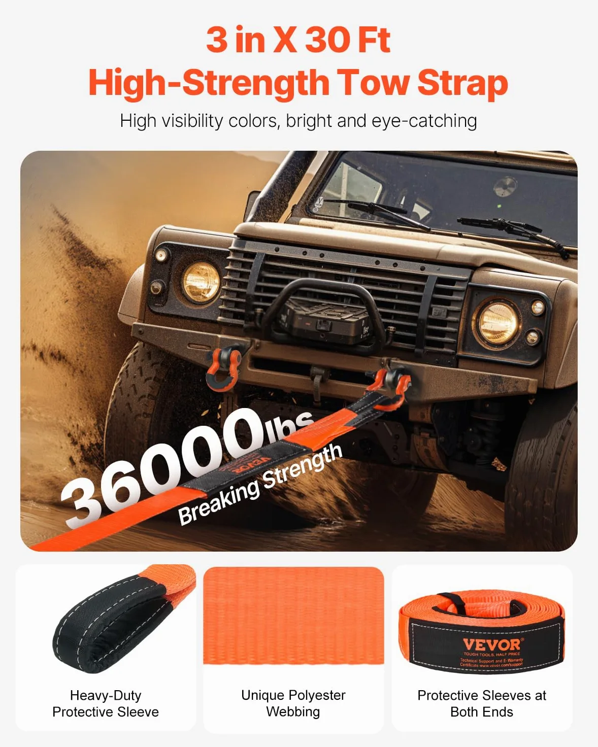VEVOR Kit di Recupero con Cinghia di Traino per Impieghi Gravosi, Cinghia per Verricello Salva-Albero 76,2 mm x 9,1 m Resistenza alla Rottura di 16329 kg Triplo Anello Rinforzato, per Jeep, SUV, ATV