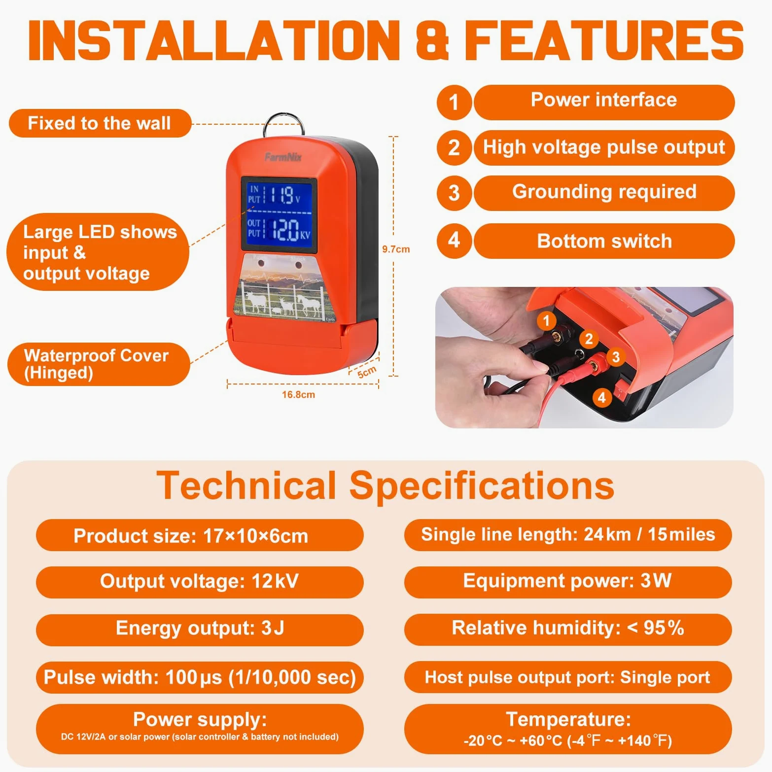 Elettrificatore Recinto 12V con Display LED, Recinto Elettrico 3J 230V fino a 24 KM, Alimentazione Multipla (Rete/Batteria/Solare), Caricatore Recinto Elettrico per Fattoria, Bestiame e Cavalli