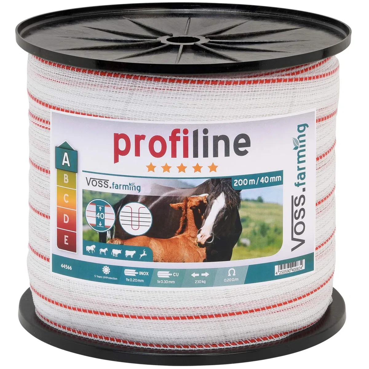 VOSS.farming Nastro per Recinzione elettrica, Lunghezza 200 m e Larghezza 40 mm, con Fili in Acciaio Inox 9 x 0,2 e Filo in Rame 1 x 0,3, Colore Bianco/Rosso