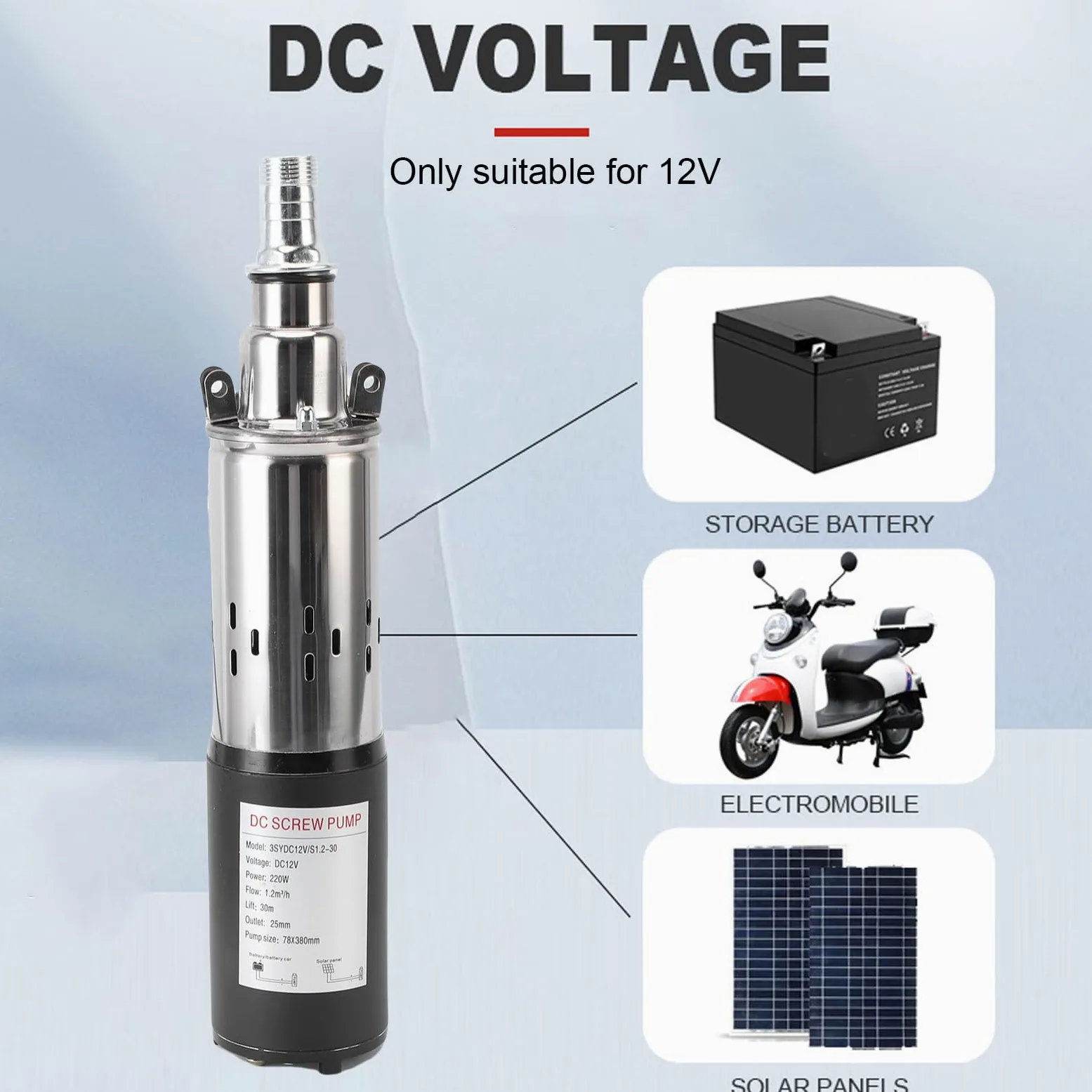 Ausla Pompa per Pozzi Profondi da 12 V, Prevalenza di 30 M, 1,2 M³/h, Pompa Sommersa a Vite in Acciaio Inox con Cavo da 7 M per Pozzo, Bestiame, Serbatoio