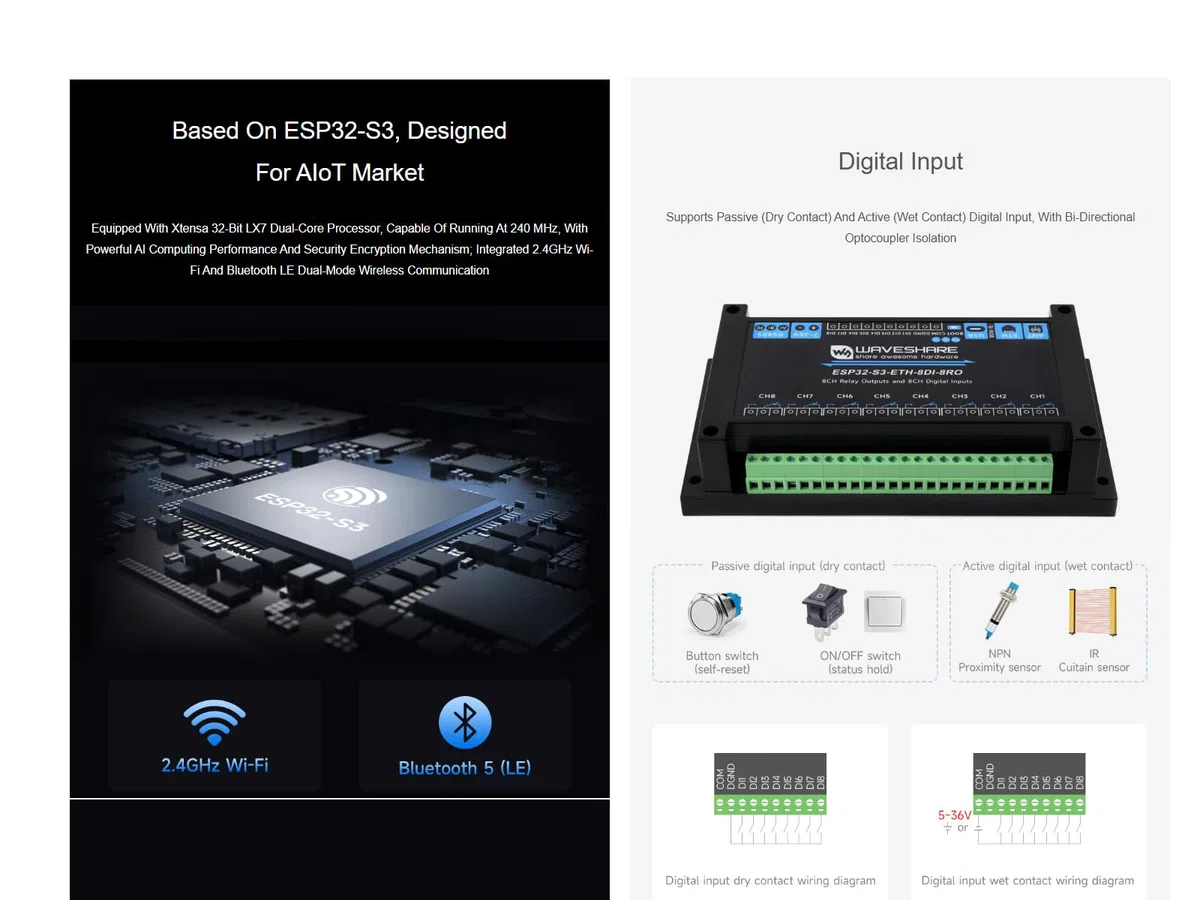 Waveshare Industrial 8-Channel ESP32-S3 WiFi Relay Module Based on ESP32-S3,with Poe Function,Supports RS485 And Bluetooth/WiFi Remote Control,with Multiple Isolation Protection Circuits