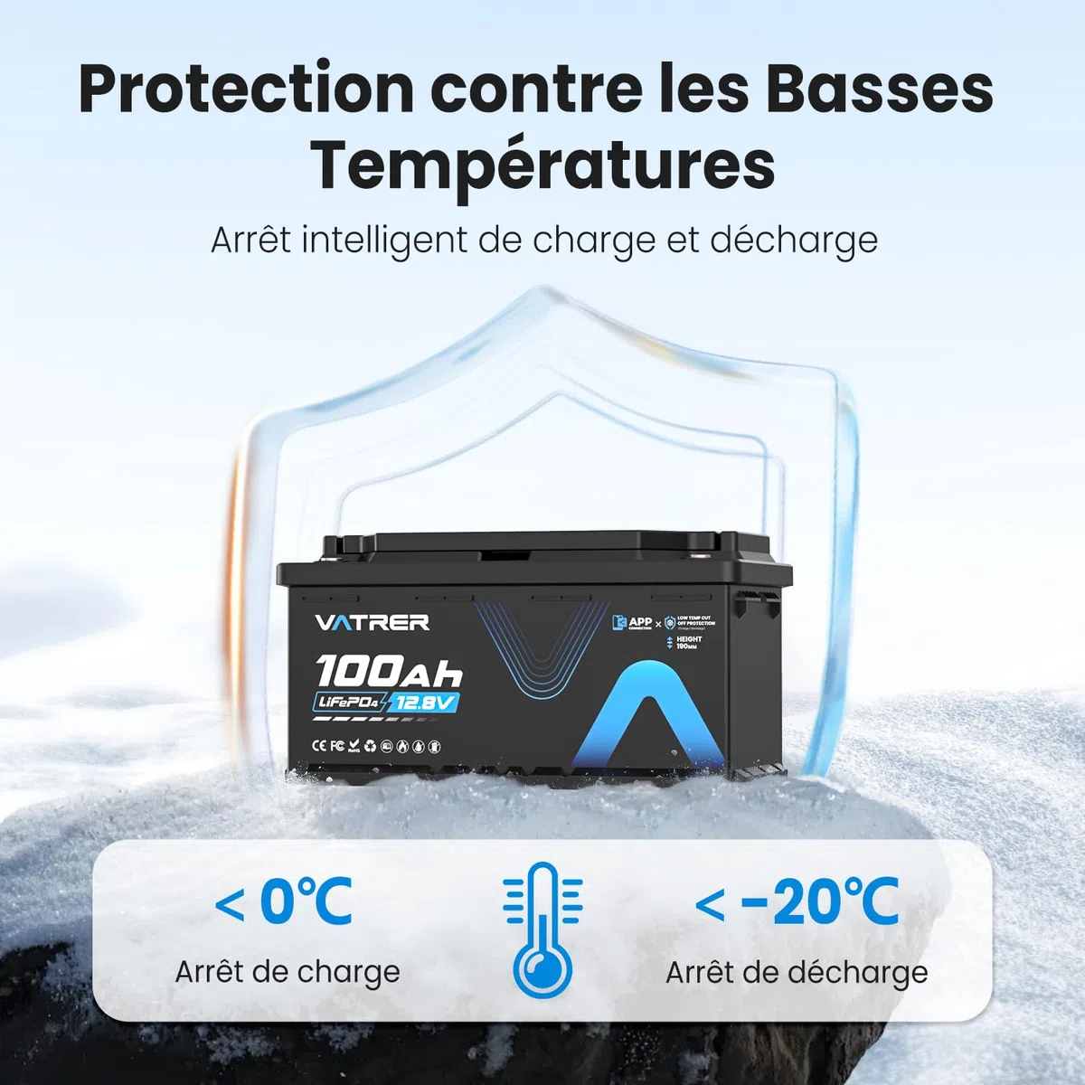 VATRER POWER 12V 100Ah H190 Bluetooth LiFePO4 Batteria con Altezza 188mm, 1280Wh, 5000+ cicli, Batteria al Litio con BMS 100A, Protezione dalle Basse Temperature, Ideale per Camper