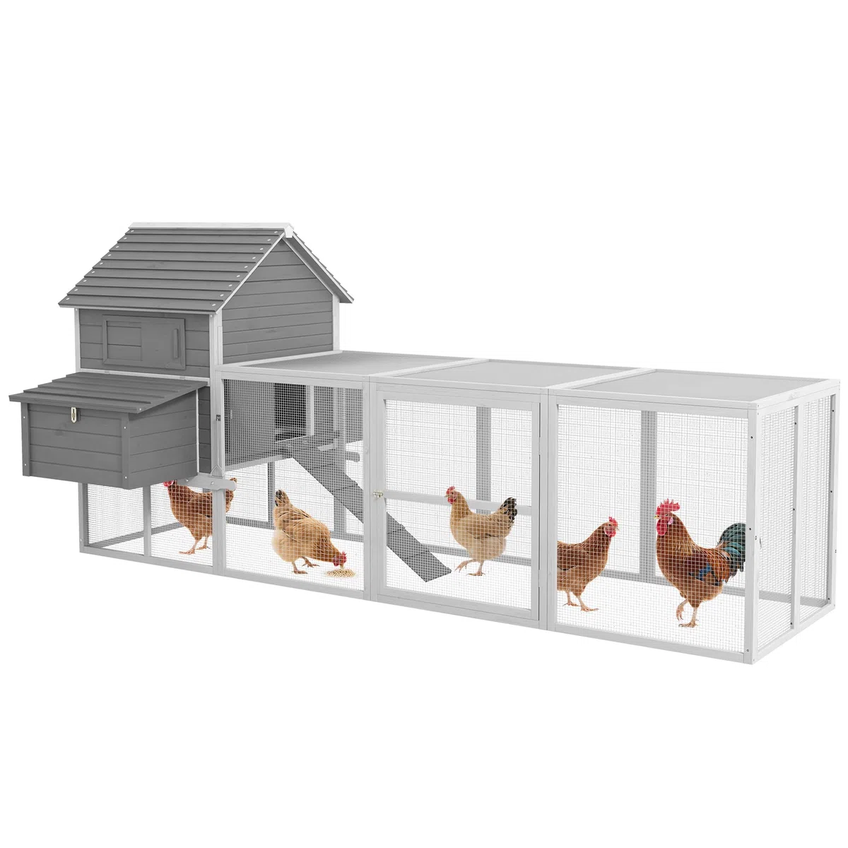 PawHut Pollaio in Legno con 2 Nidi, Pollaio per Galline Ovaiole da Esterno, Casetta per 4-6 Galline con Rampa e Area Aperta Recintata, Facile Pulizia, 310.5x149.5x149 cm, Grigio