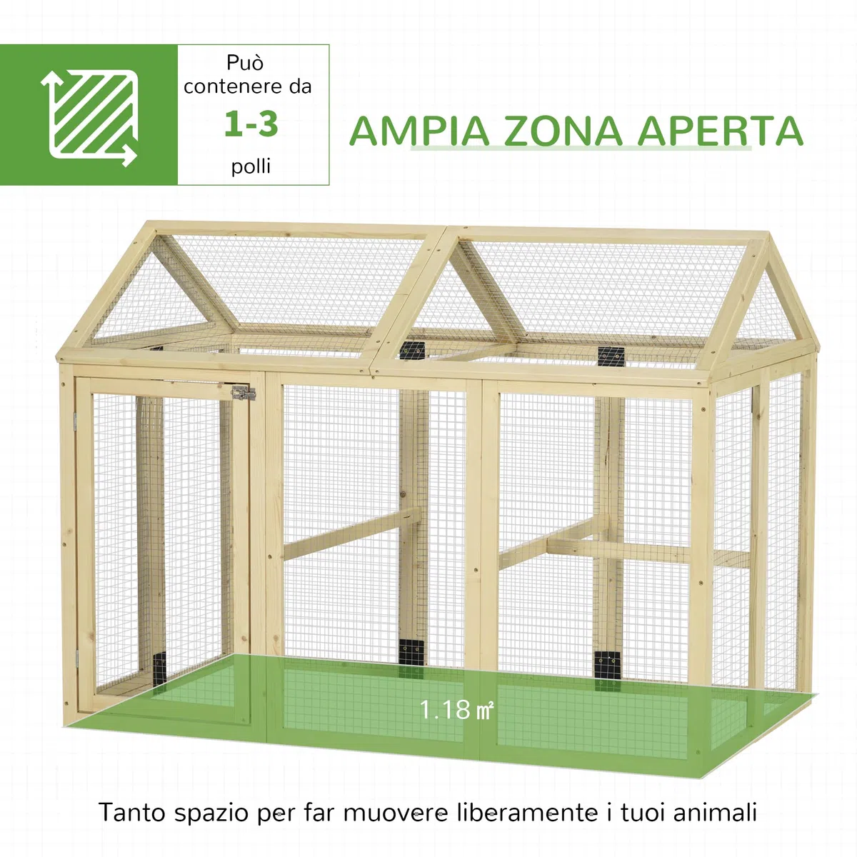 PawHut Recinto per Galline all'Aperto in Legno, Gabbia Galline con Porte Multiple e Rete in Metallo, 140x88.5x106 cm, color Legno