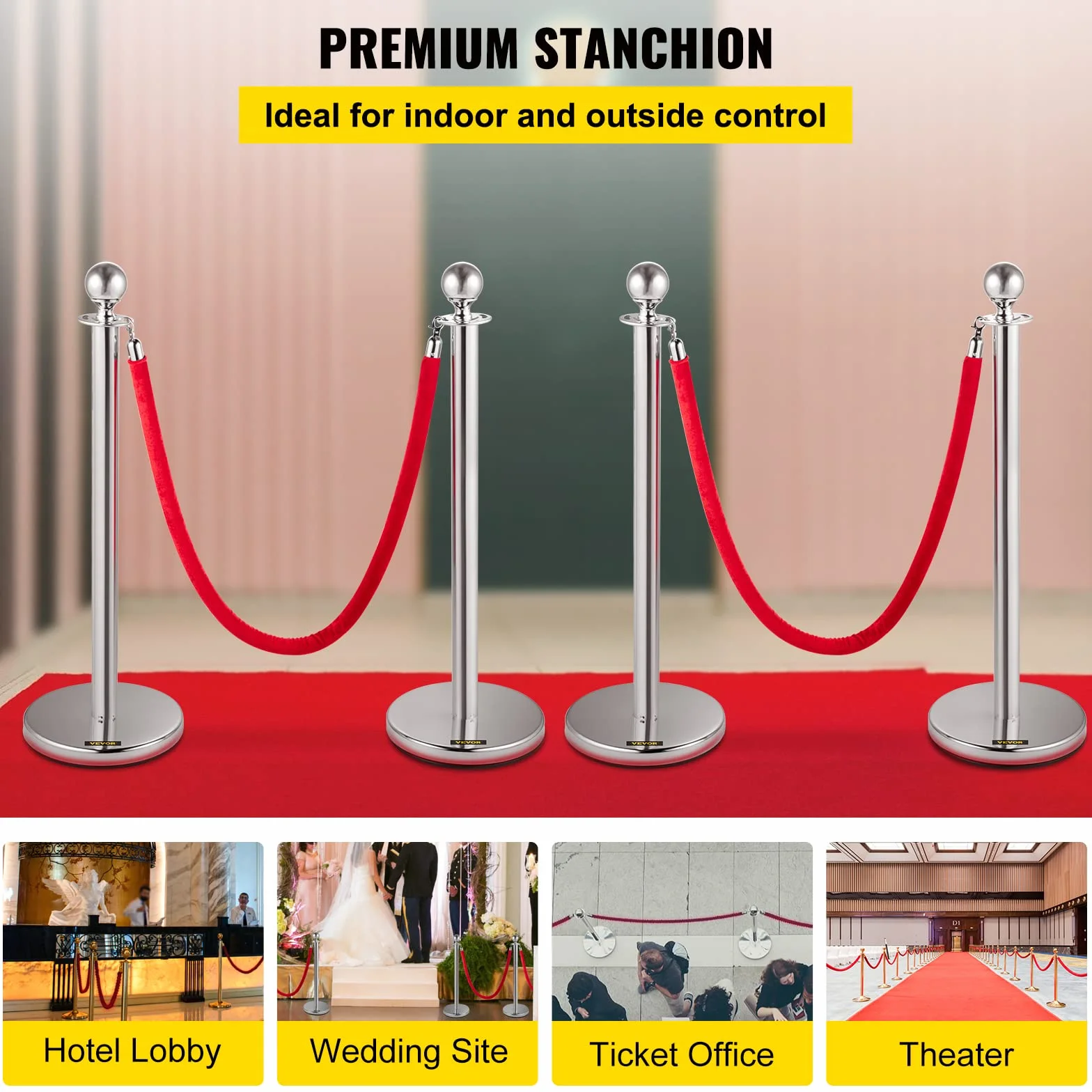 Mophorn Palo separatore a nastro estensibile 4 set barriere di sicurezza a 2 corde, lunghezza della corda 1,5 m argento