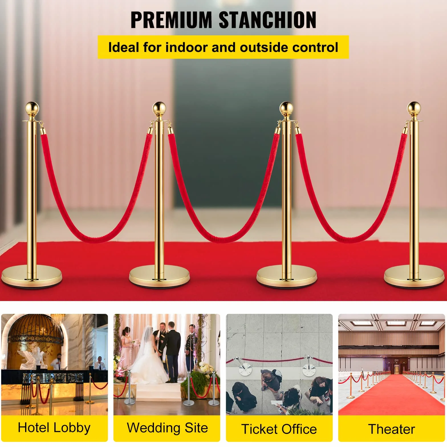 Mophorn Palo separatore per nastro estensibile 4 set barriere di sicurezza a 3 corde lunghezza della corda 1,5 m oro