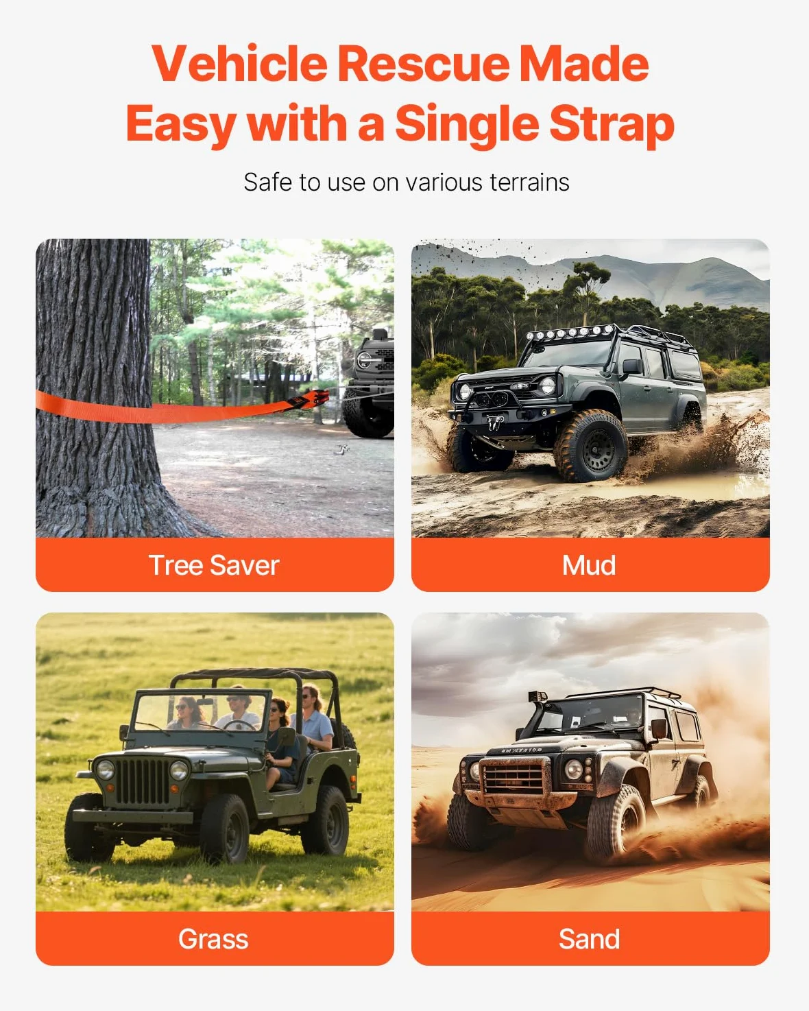 VEVOR Kit di Recupero con Cinghia di Traino per Impieghi Gravosi, Cinghia per Verricello Salva-Albero 76,2 mm x 9,1 m Resistenza alla Rottura di 16329 kg Triplo Anello Rinforzato, per Jeep, SUV, ATV