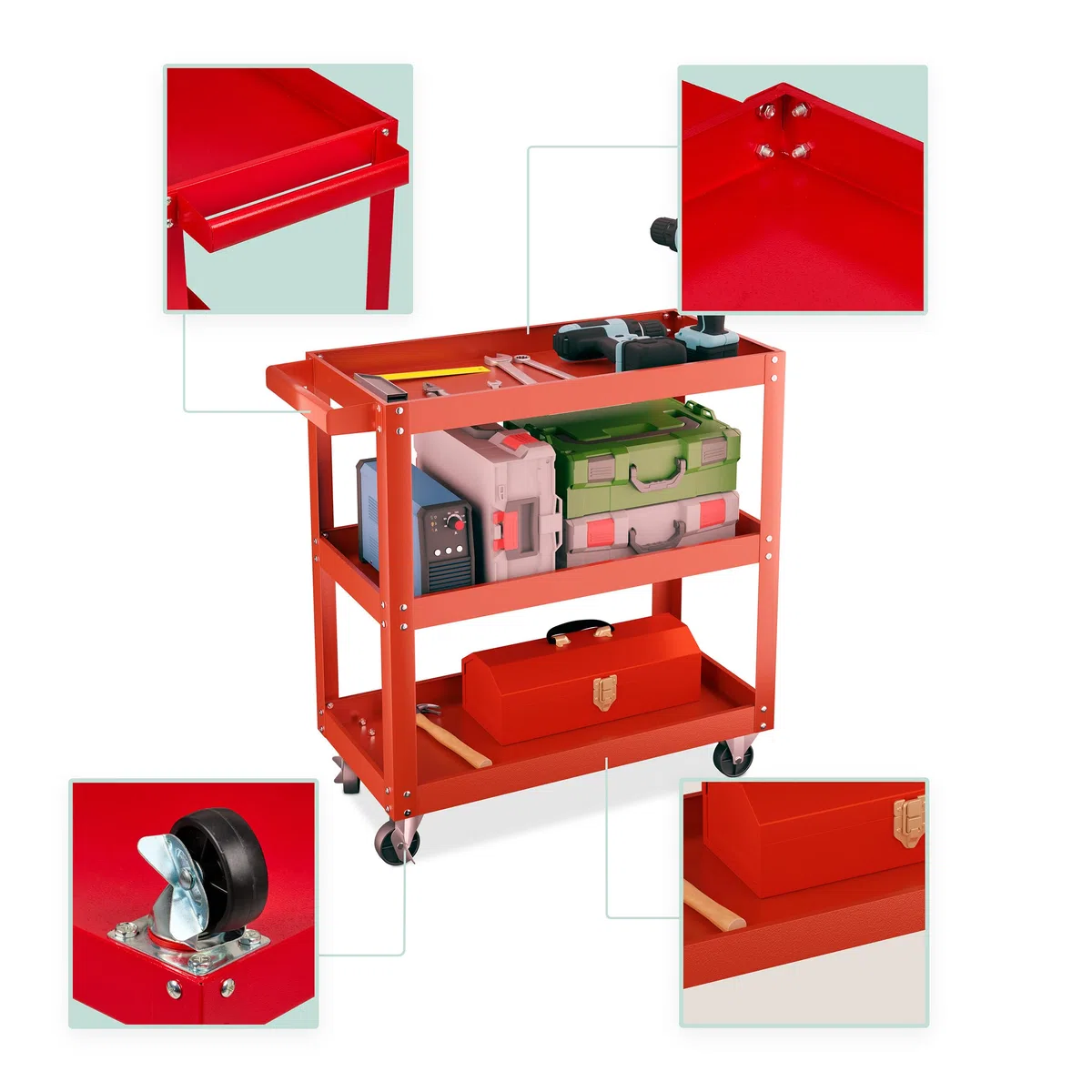 Relaxdays Carrello Portautensili Officina, Carrellino a 3 Ripiani Porta Attrezzi Lavoro, 76x78x35 cm, Max. 100 kg, Rosso