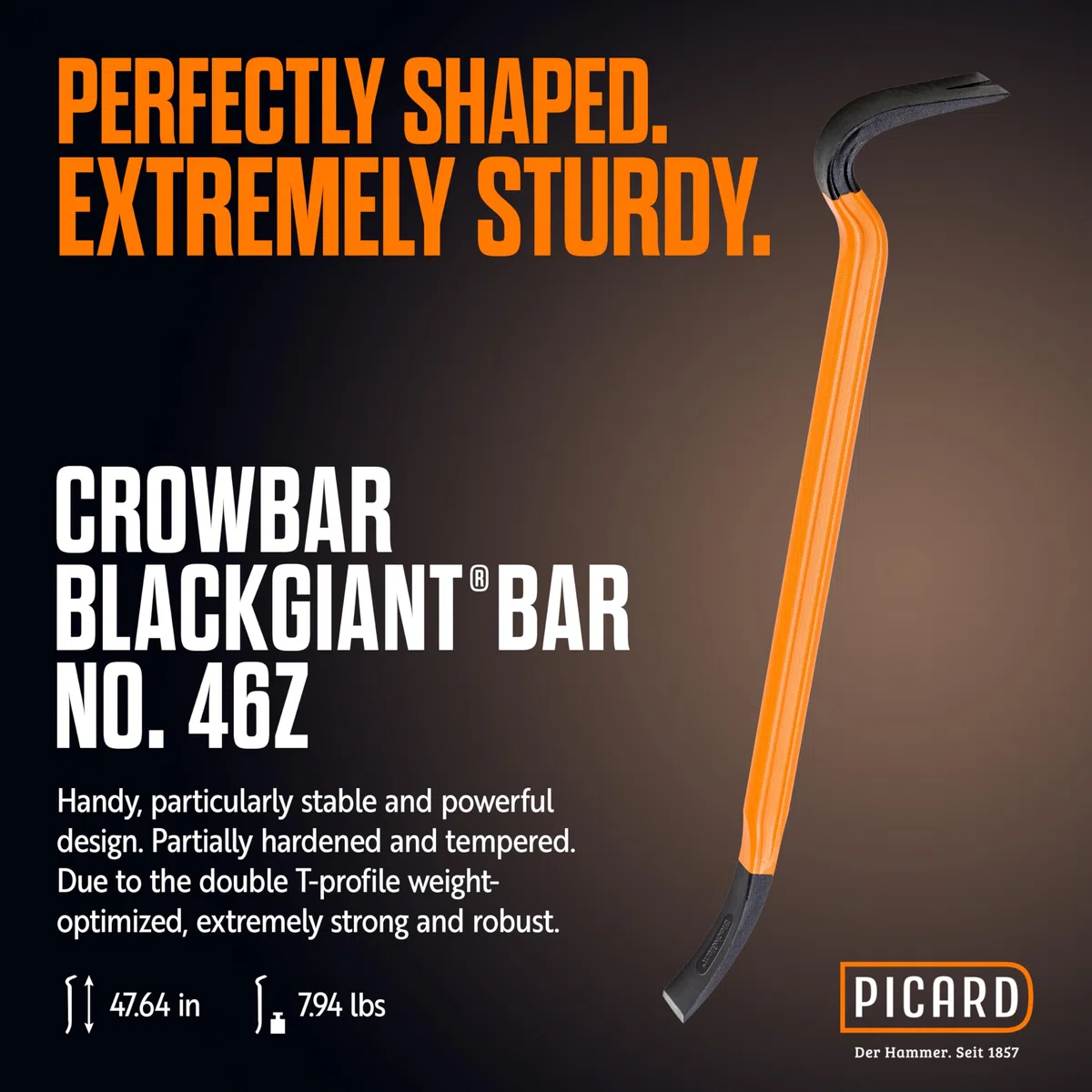 PICARD Leva chiodi BlackGiant® Bar, No. 46Z, 121 cm | Palanchino professionale in acciaio forgiato | Piede di porco compatto e ultra resistente per uso intensivo
