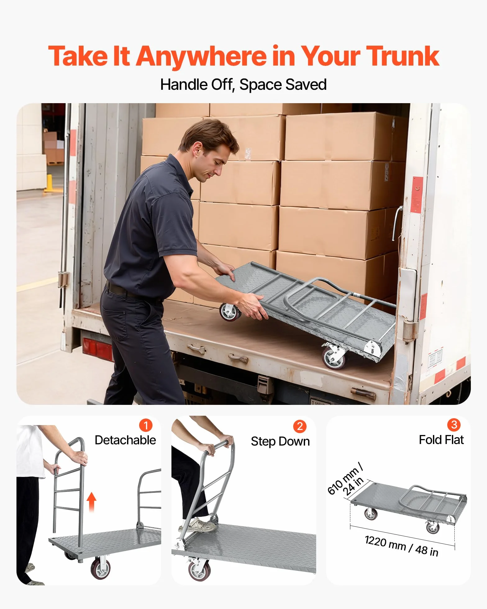 VEVOR Carrello da Trasporto a Piattaforma Capacità Carico max. 1202,02 kg, Carrello con Pianale Maniglia Doppia Pianale per Trasporto di Pacchi Merci Traslochi 1220 x 610 x 920 mm Ruote Girevoli