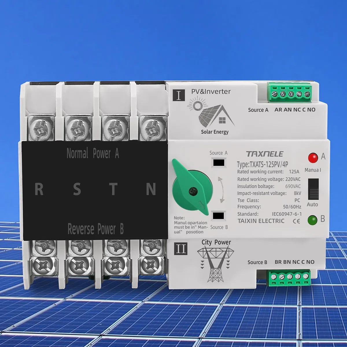 Selettore interruttore di trasferimento automatico a doppia alimentazione Alimentazione ininterrotta 4P 63A 100A 125A Interruttore a levetta fotovoltaico Din Rail ATS PV Solar Inverter UPS (125A)