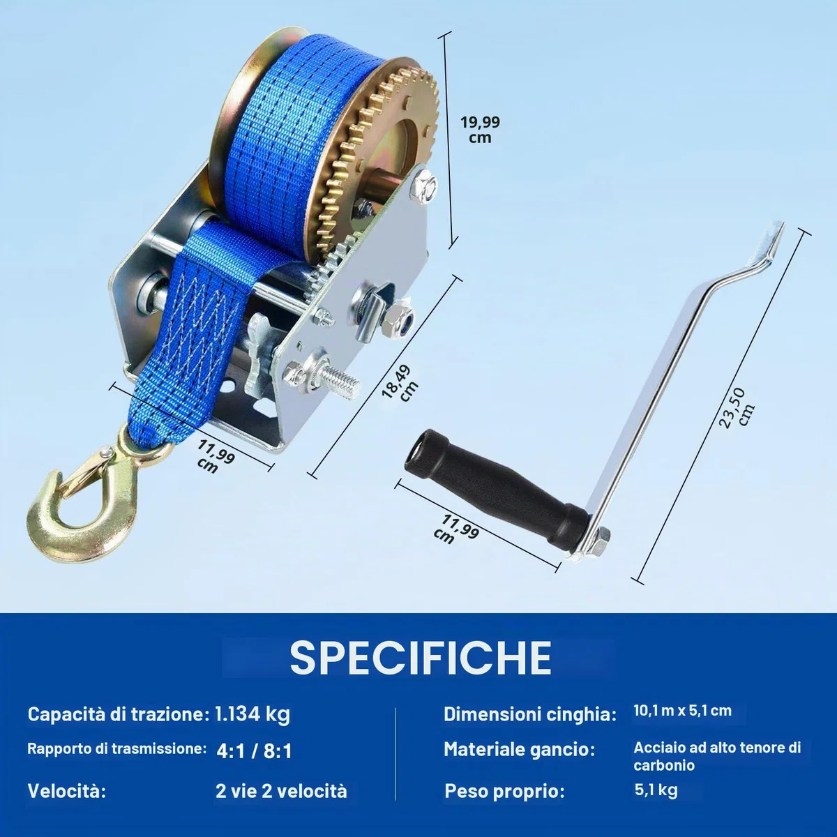 FreeTec Verricello Manuale con Cinghia 1130Kgs (2500Lbs) Argano Manuale con 10 m di Cinghia di Alaggio per Barche Auto
