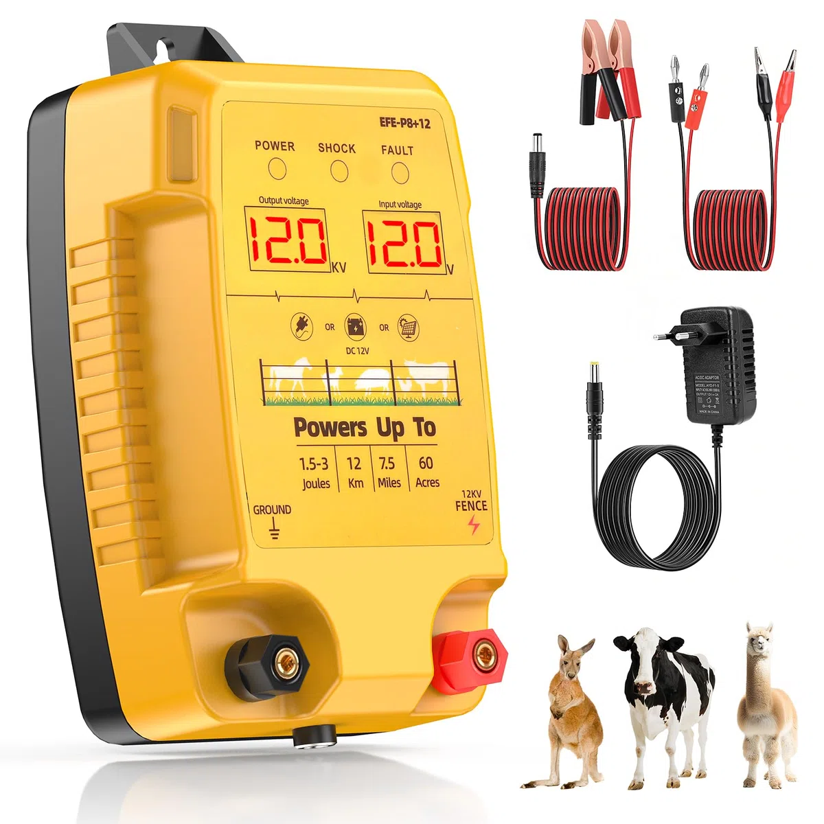12KM Elettrificatore per Recinzione Elettrica, 12 kV 3,0 J Tensione di Uscita Recinto Elettrico per Animali con Schermo LCD, Protezione per Cavalli, Pecore, Giardini, Pascoli e Fattorie (Arancione)