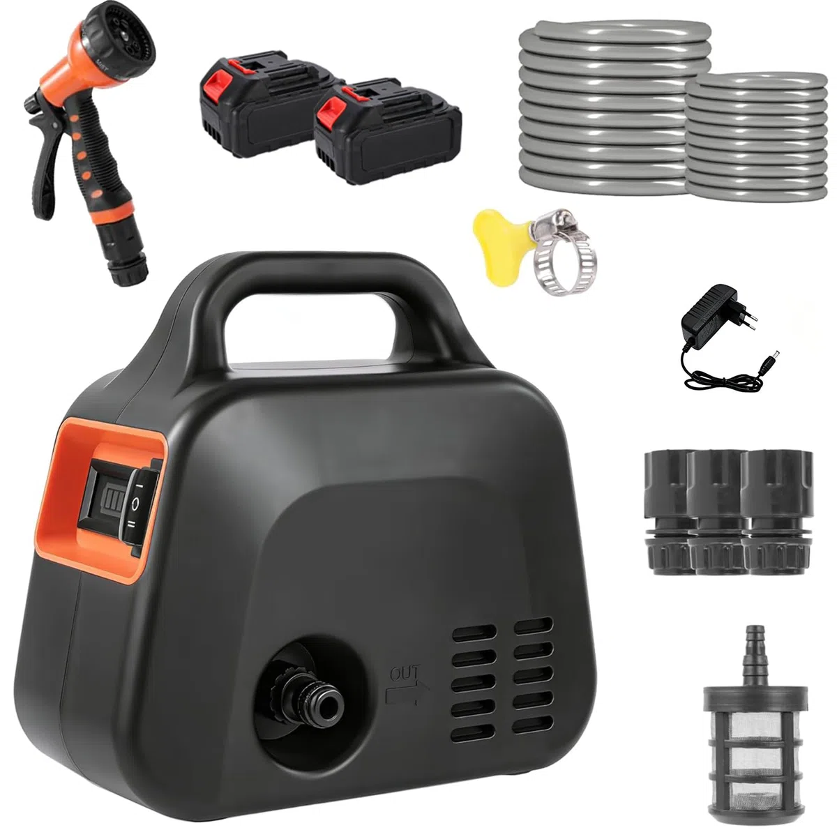 Pompa dell'acqua per Batteria, 600 L/H Pompa Elettrica Autoadescante Senza Fili con 2 Batterie, Regolazione a 2 Marce, Pompa da Giardino Elettrica con Ugello 7 in 1 per Casa, Piscina, Camper, Giardino