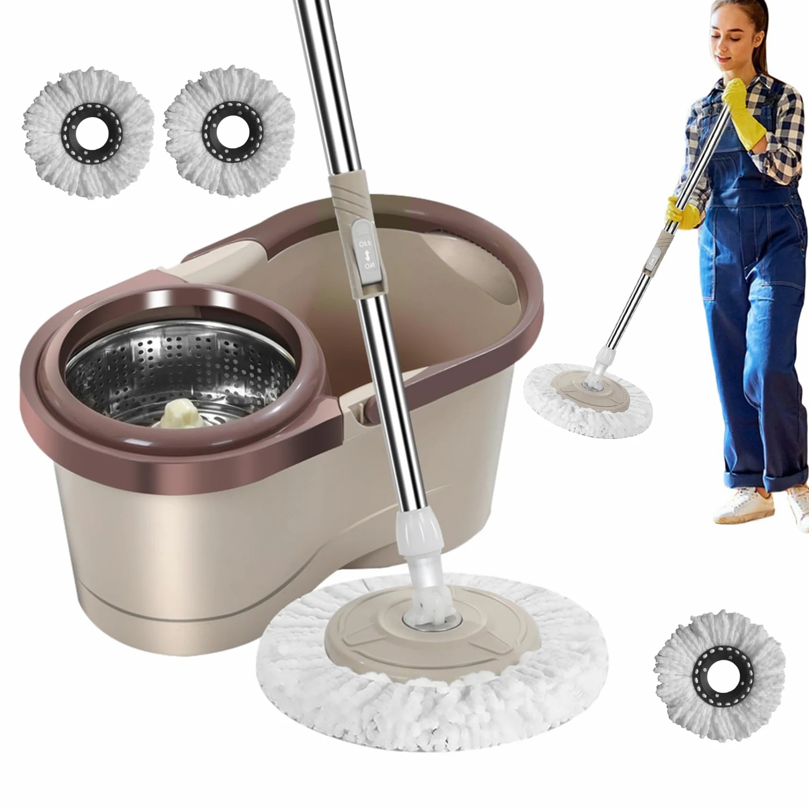 Mocio con rotazione automatica, set di secchio per mocio rotante, per la pulizia della casa, rotazione automatica, mocio rimovibile con strizzatore, secchio per mocio rotante per soggiorno, cucina,