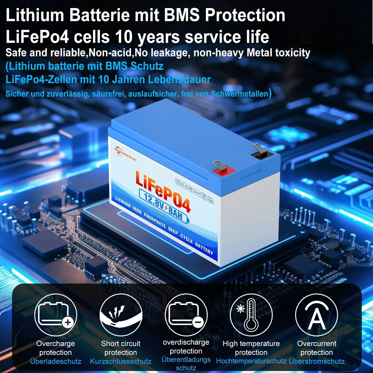 Batteria al litio LiFePO4 12V 8Ah al litio e al fosfato con oltre 3000 volte cicli profondi e protezione BMS,per illuminazione di emergenza,campeggio,impianti di alimentazione