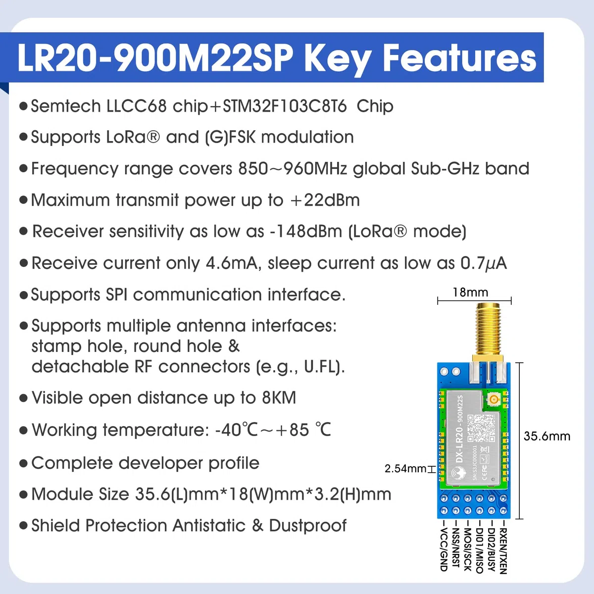 DX-LR20 LLCC68 Chip Developer SET Support Air Wake-up 8km 22dBm UART LoRa SpreadSpectrum Technology 868/915mhz Modulo RF LoRa (DX- LR20-900-T1)