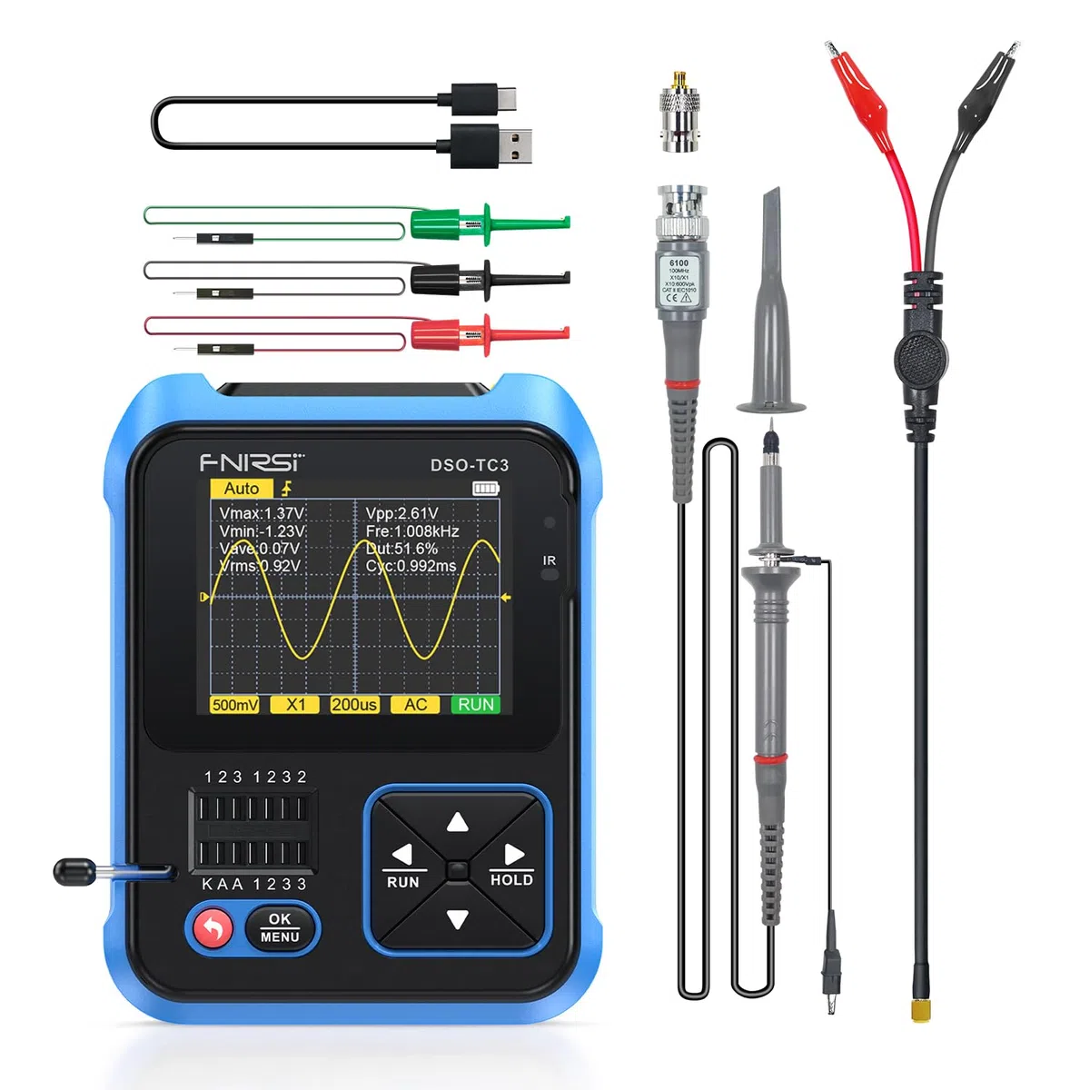 FNIRSI DSO-TC3 Oscilloscopio - 3IN1 Oscilloscopio Portatile & Generatore di Segnale DDS & Tester di Transistor, Larghezza di Banda 500kHz, Frequenza di Campionamento 10 MSa/s, 6 Tipi di Forme D'onda