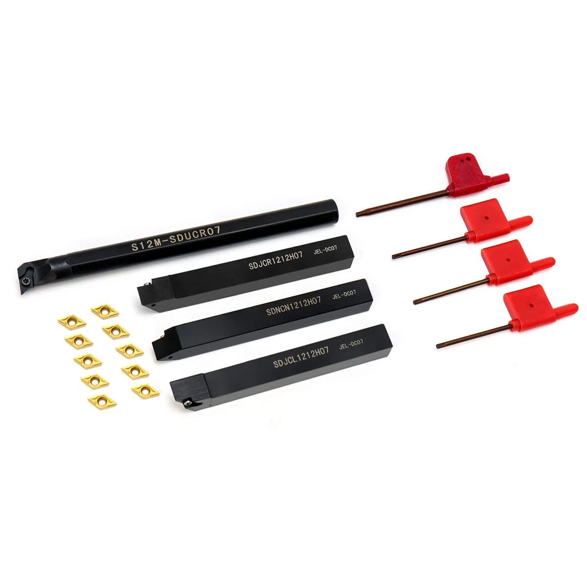 QWORK® - Portautensili per tornio, 4 pezzi 12 mm S12M-SDUCR07 / SDNCN1212H07 / SDJCL1212H07 / SDJCR1212H07,10 pezzi DCMT0702 inserti in metallo duro, 4 pezzi tornio chiave