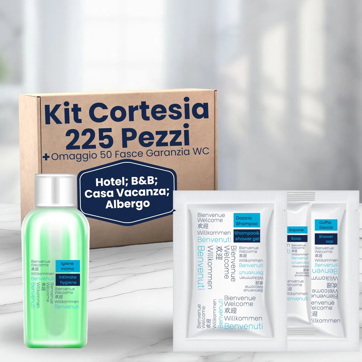 Kit Cortesia B&B Hotel Albergo Bagno Monouso 225 pezzi 100 Doccia Shampoo Bustina 10ml, 50 Flaconi Igiene Intima 20ml, 25 Cuffie Monouso, 50 Saponette Rettangolari +50 Omaggio Fasce Garanzia WC