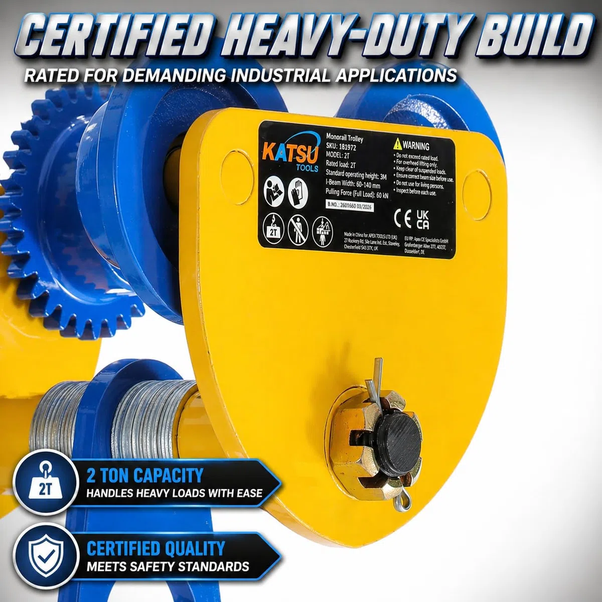 KATSU Heavy Duty 2 T Overhead Geared Beam Carrello Paranco Sollevamento Attrezzatura Con Catena 181972