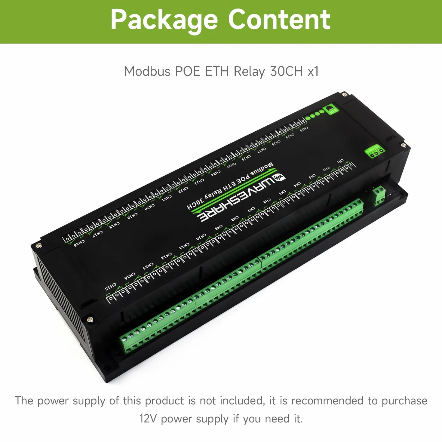 Waveshare 30-Ch Ethernet Relay Module, Modbus RTU/Modbus Transmission Control Protocol, PoE Port Communication, With Various Isolation And Protection Circuits, Industrial Grade Rail-Mount Case