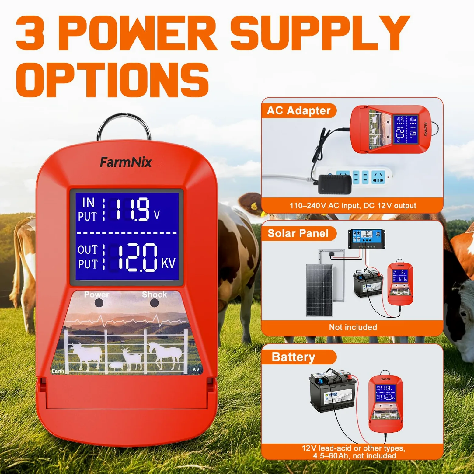 Elettrificatore Recinto 12V con Display LED, Recinto Elettrico 3J 230V fino a 24 KM, Alimentazione Multipla (Rete/Batteria/Solare), Caricatore Recinto Elettrico per Fattoria, Bestiame e Cavalli