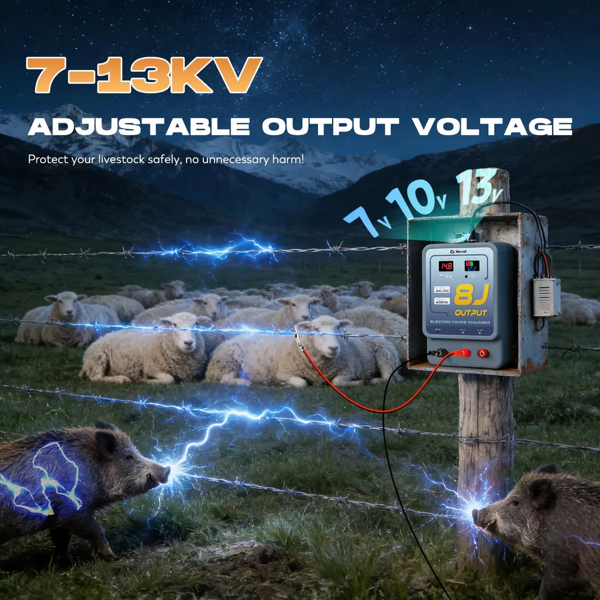 CGOLDENWALL 8J Elettrificatore per Recinzioni da Pascolo, AC/DC Alimentazione, 2 in 1 7-13KV regolabile, Allarme, IP45 Impermeabile, 40KM Portata per Cavalli, Pollame, Ranch, Giardino (8J)