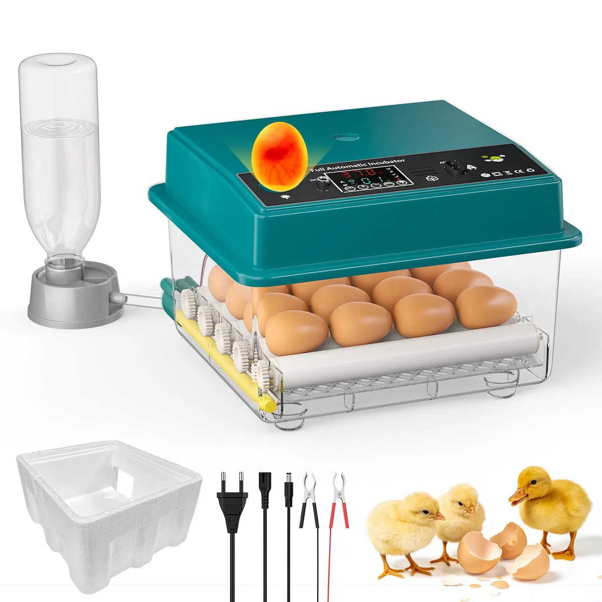 Incubatrice per Uova Automatica, Incubatrice per Uova Automatica 16 Uova con Rotazione Automatica delle Uova e Aggiunta di Acqua, Doppia Alimentazione, Controllo della Temperatura, Spia per Uova